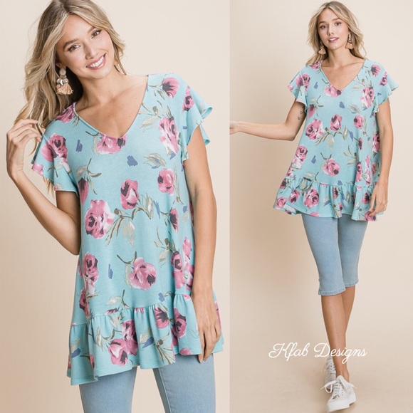 LAST 1! V Neck French Terry Ruffle Floral Top - Picture 2 of 8